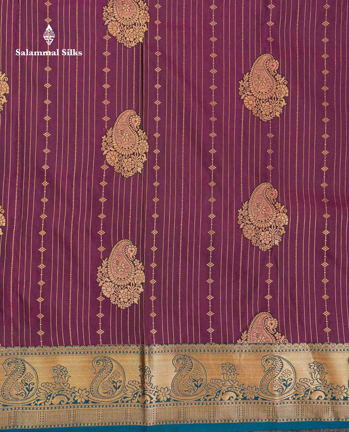 Beautiful Magenta Vertical Zari Line With Butta Semi Silk Saree With Contrast Peacock Blue Traditional Border