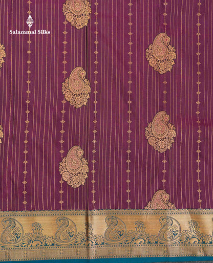 Beautiful Magenta Vertical Zari Line With Butta Semi Silk Saree With Contrast Peacock Blue Traditional Border