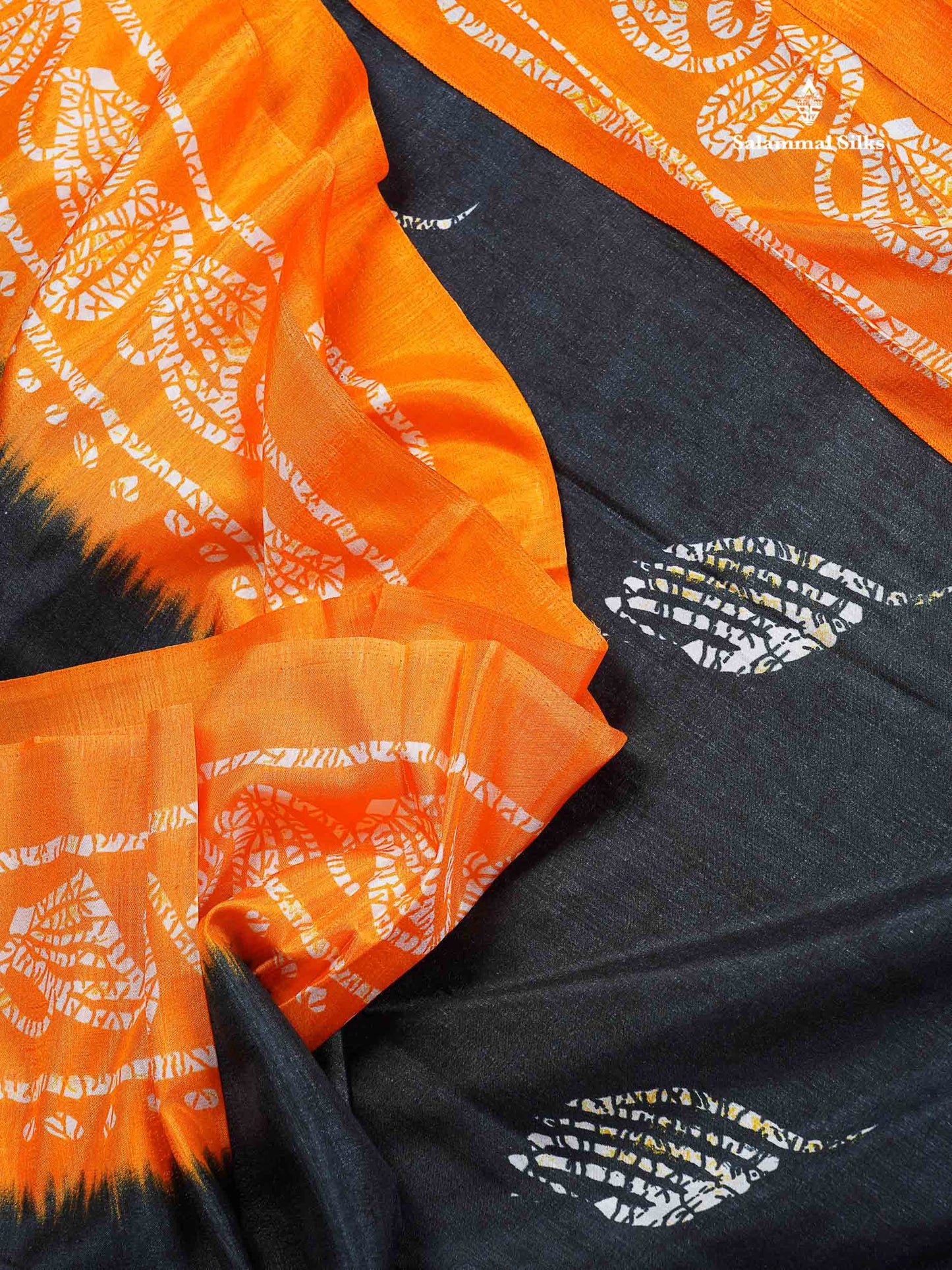 Semi Tussar Saree - Black Colour Body With Contrast Orange Fancy Border