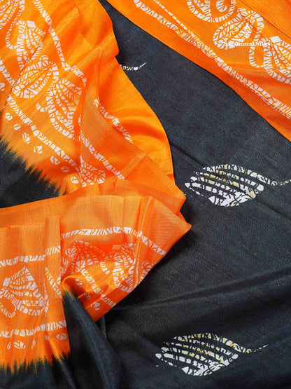 Semi Tussar Saree - Black Colour Body With Contrast Orange Fancy Border