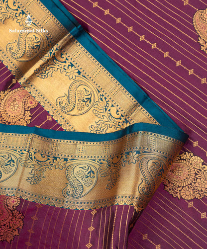 Beautiful Magenta Vertical Zari Line With Butta Semi Silk Saree With Contrast Peacock Blue Traditional Border