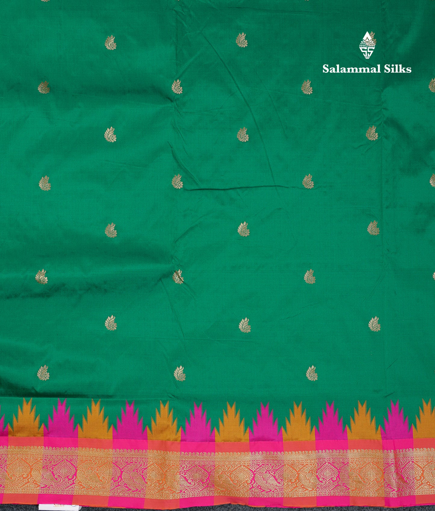 9 Yards Semi Silk Saree Orange With Contrast Green Traditional Temple Border