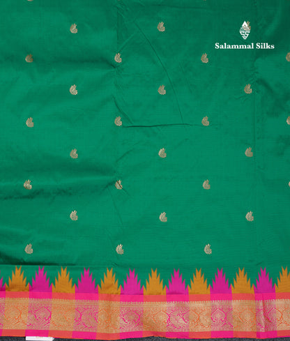 9 Yards Semi Silk Saree Orange With Contrast Green Traditional Temple Border