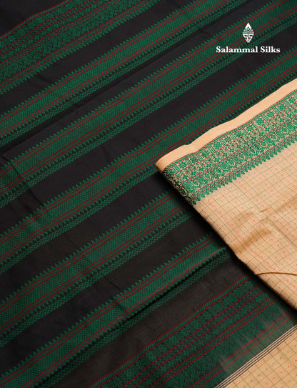 Beautiful Sandal Small Checks Thraed Work Semi Silk Cotton Saree With Contrast Black Blouse