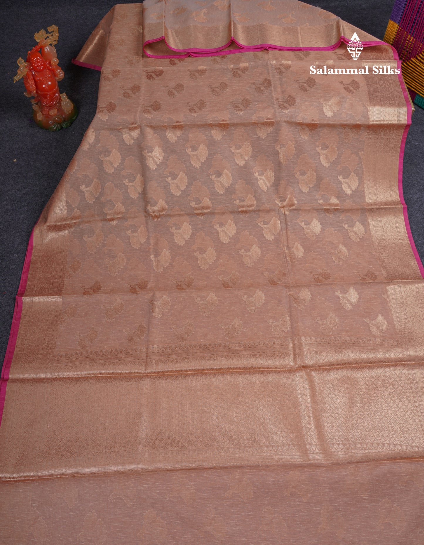 Beautiful Dark Sandal Linen Cotton Mix Fancy Saree With Contrast Pink Blouse