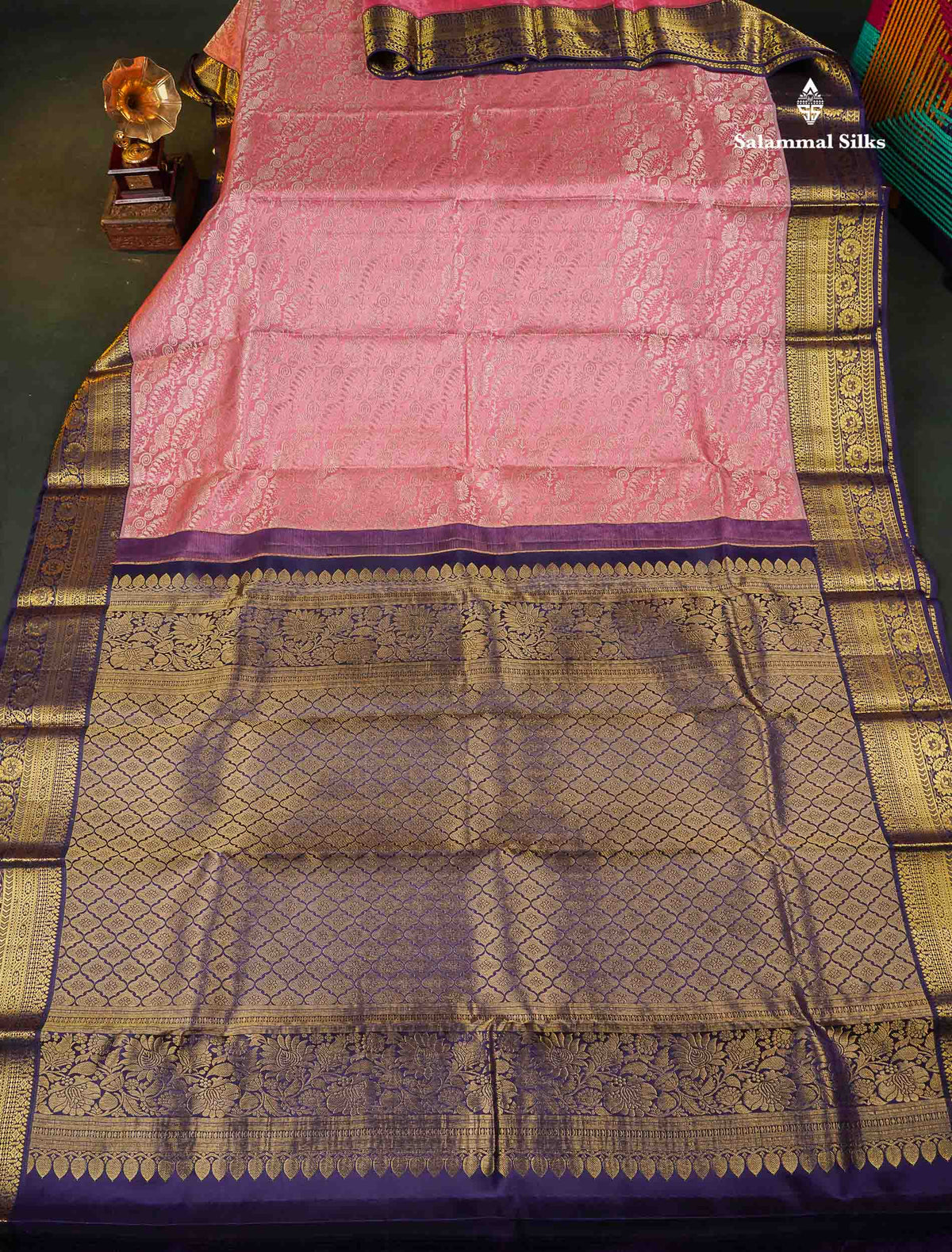 Bridal Pure Kanjivaram Silk Saree - Light Pink Colour Body With Contrast Navy Blue Border