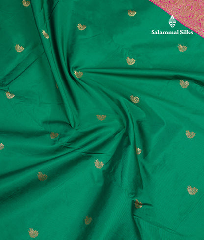 9 Yards Semi Silk Saree Orange With Contrast Green Traditional Temple Border