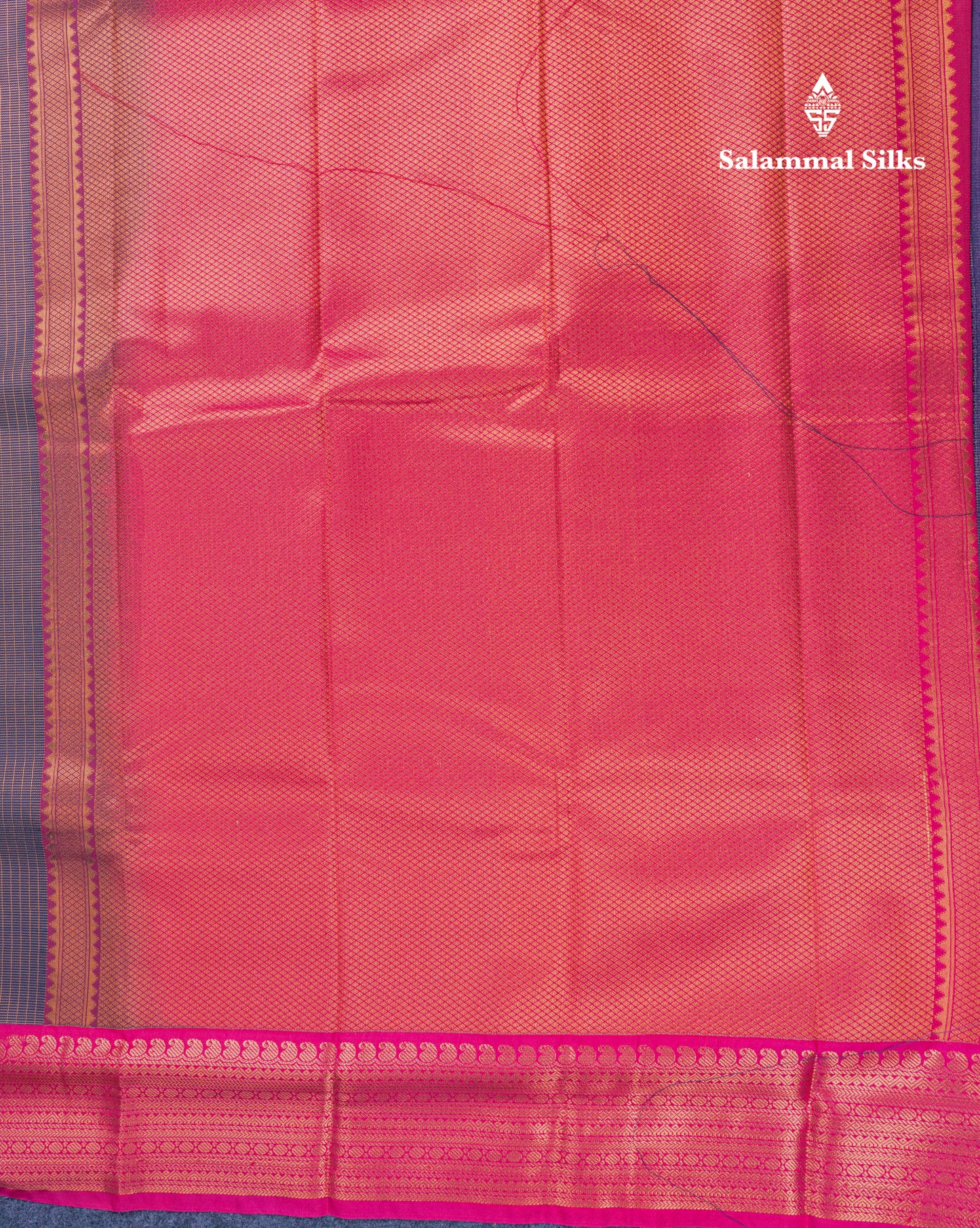 Dark Navy Blue Vaira Oosi Checks Semi Silk Saree With Contrast Pink Turning Border