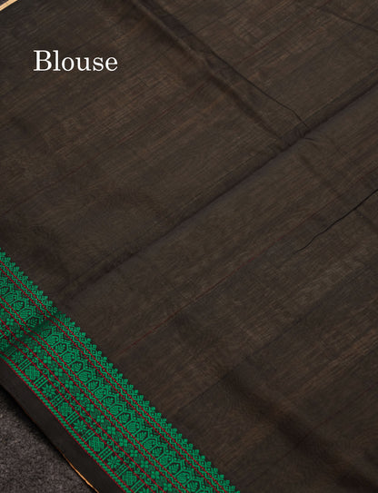 Beautiful Sandal Small Checks Thraed Work Semi Silk Cotton Saree With Contrast Black Blouse