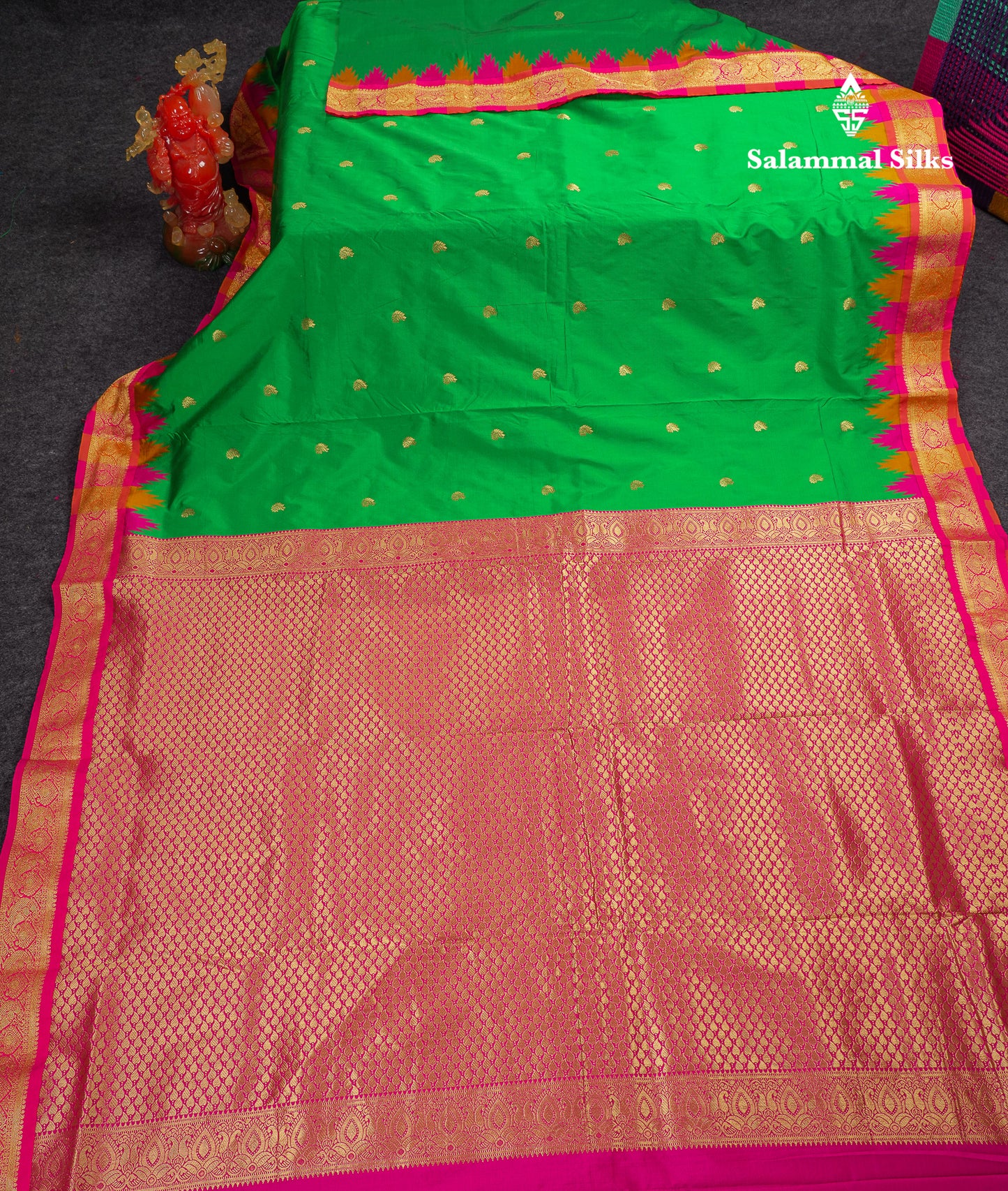 9 Yards Semi Silk Saree Orange With Contrast Green Traditional Temple Border