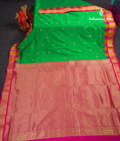9 Yards Semi Silk Saree Orange With Contrast Green Traditional Temple Border