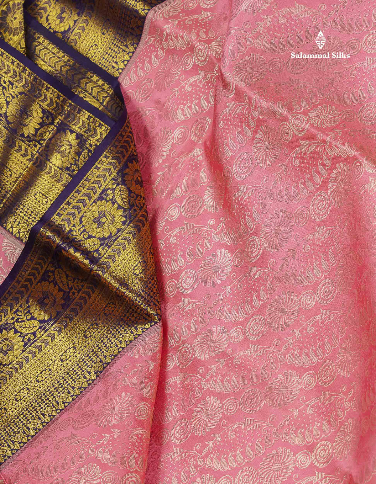 Bridal Pure Kanjivaram Silk Saree - Light Pink Colour Body With Contrast Navy Blue Border