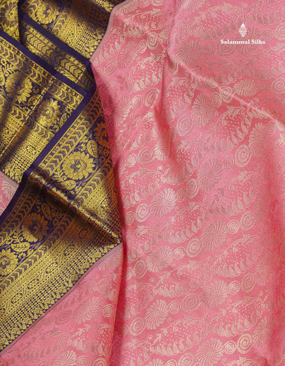 Bridal Pure Kanjivaram Silk Saree - Light Pink Colour Body With Contrast Navy Blue Border