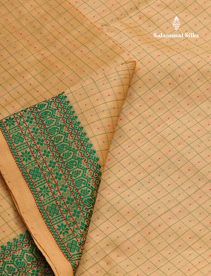 Beautiful Sandal Small Checks Thraed Work Semi Silk Cotton Saree With Contrast Black Blouse