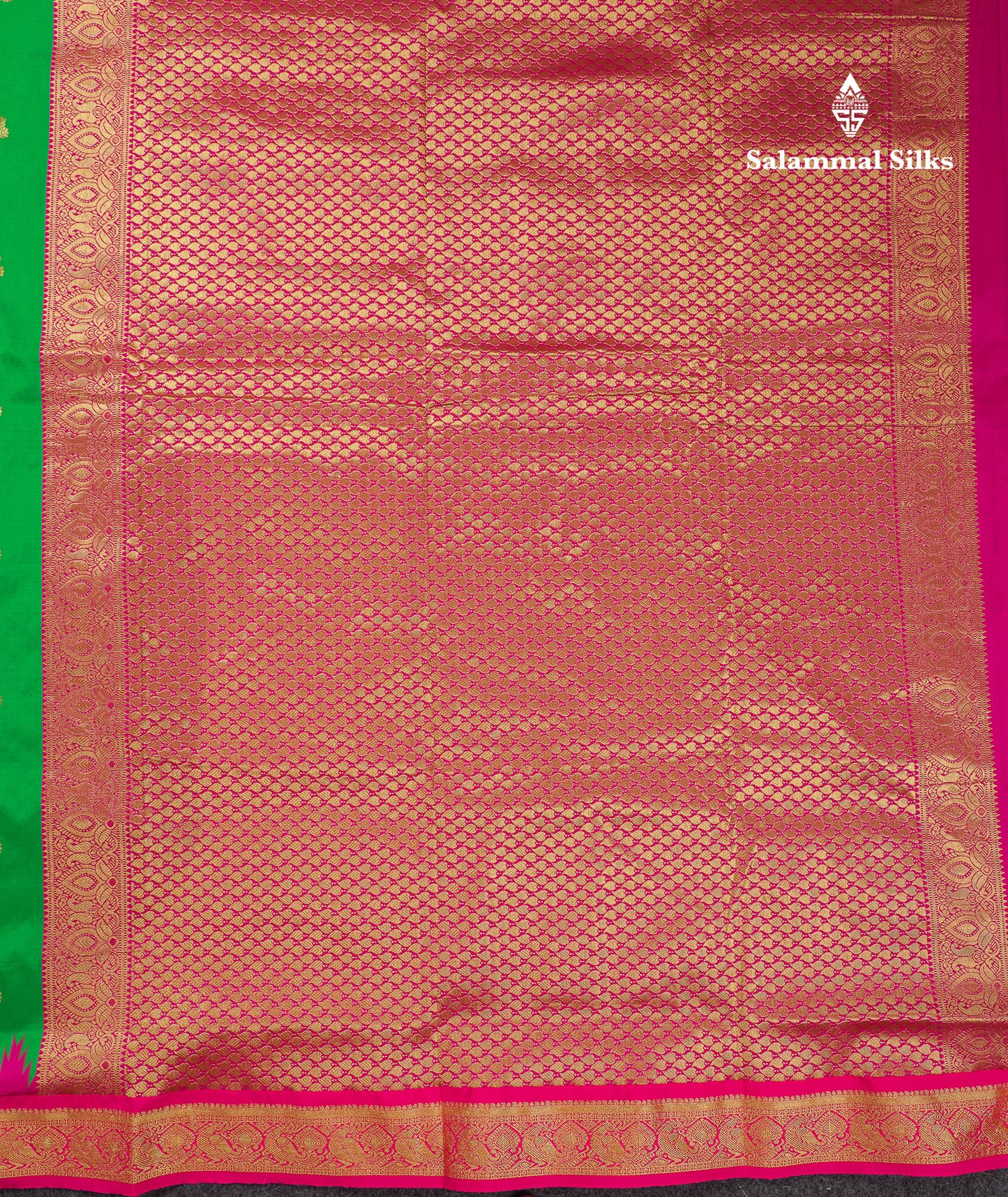 9 Yards Semi Silk Saree Orange With Contrast Green Traditional Temple Border
