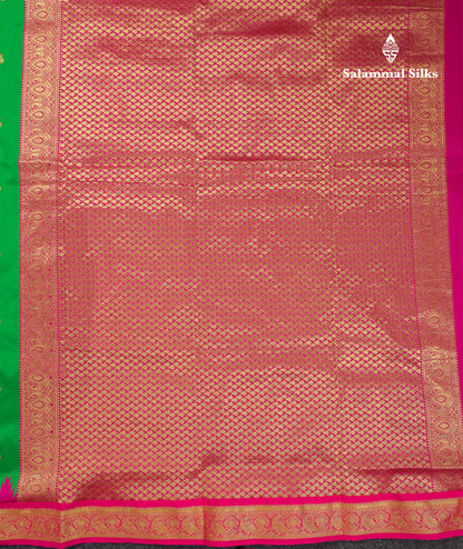9 Yards Semi Silk Saree Orange With Contrast Green Traditional Temple Border