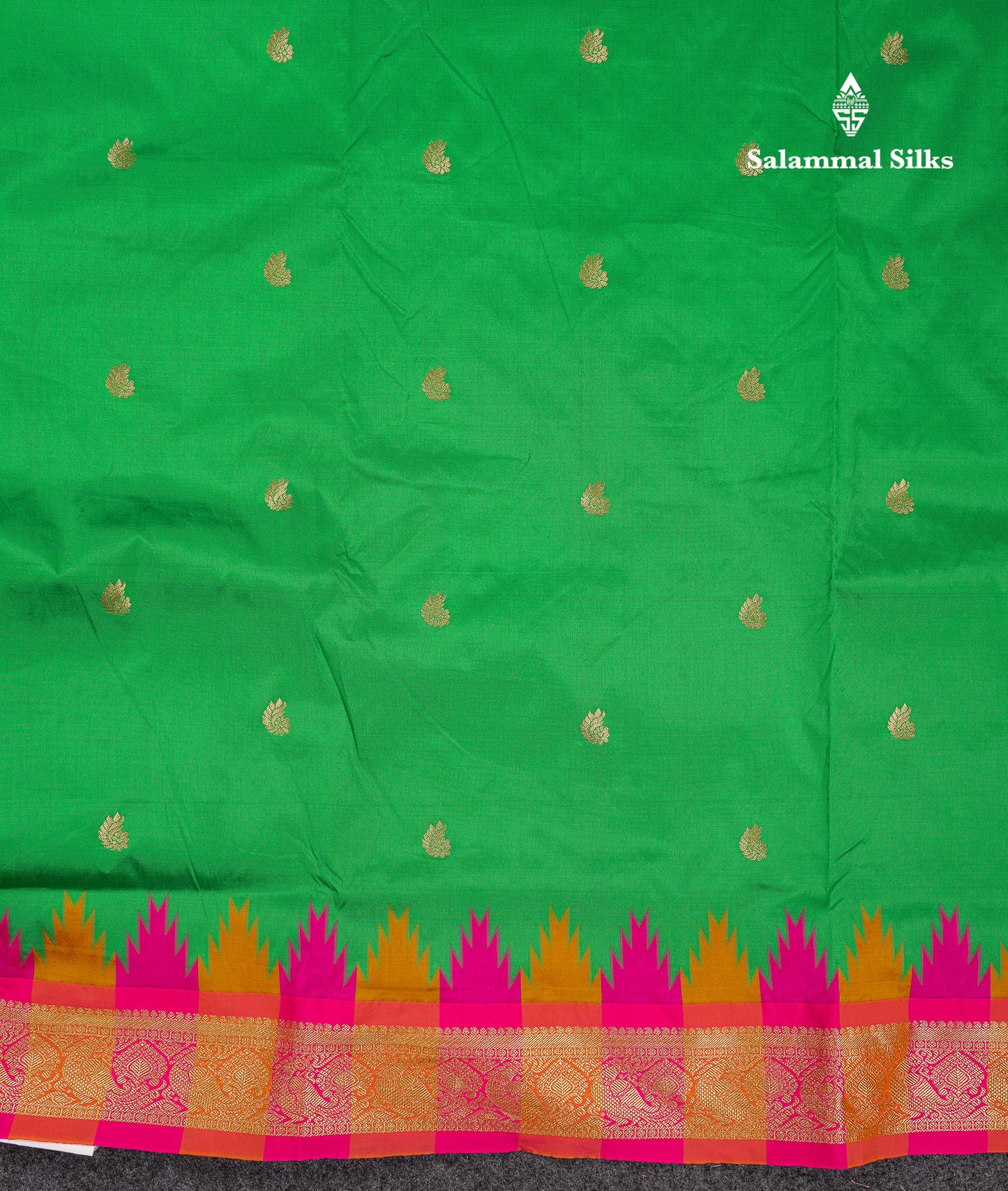 9 Yards Semi Silk Saree Orange With Contrast Green Traditional Temple Border