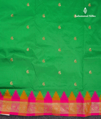 9 Yards Semi Silk Saree Orange With Contrast Green Traditional Temple Border