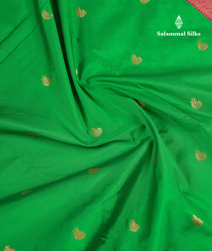9 Yards Semi Silk Saree Orange With Contrast Green Traditional Temple Border