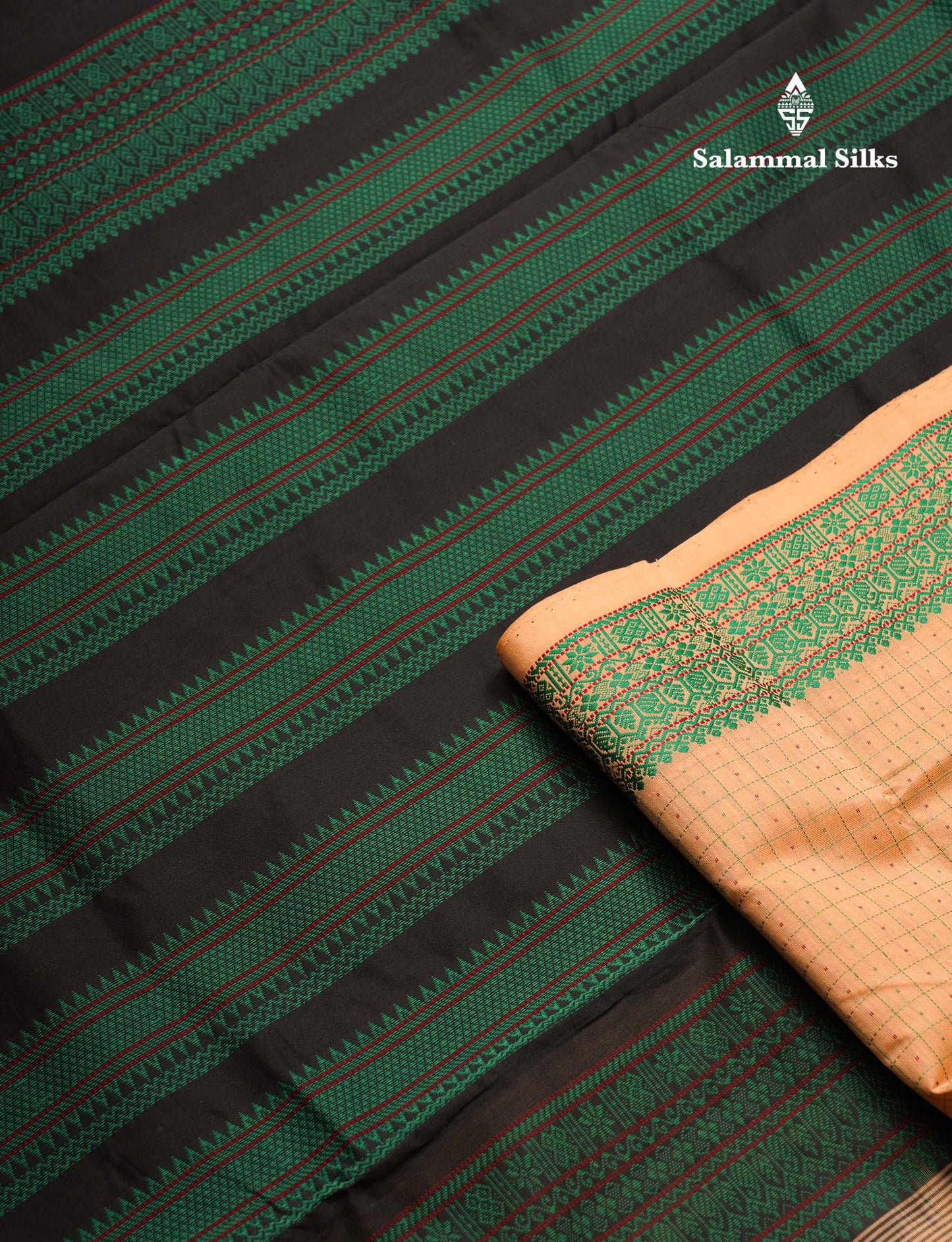 Beautiful Dark Sandal Small Checks Thraed Work Semi Silk Cotton Saree With Contrast Black Blouse