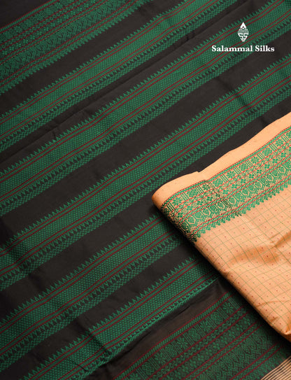 Beautiful Dark Sandal Small Checks Thraed Work Semi Silk Cotton Saree With Contrast Black Blouse