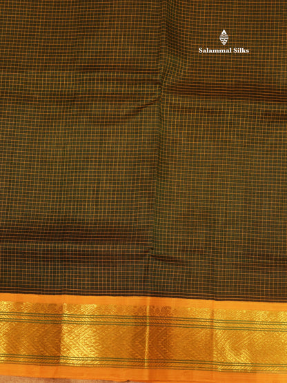 Bottle Green Colour Tiny Checks Pure Silk Cotton Saree With Contrast  Yellow Border