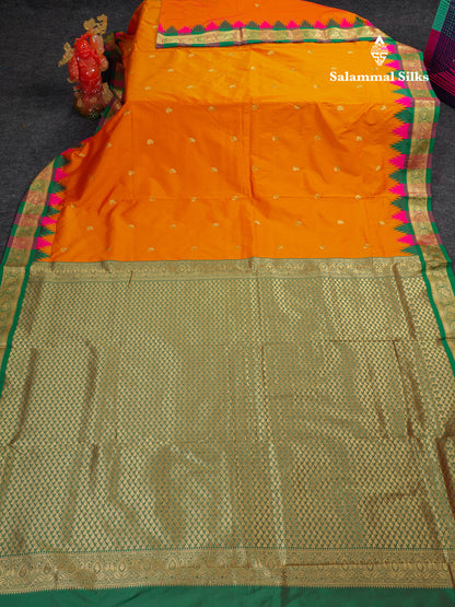 9 Yards Semi Silk Saree Orange With Contrast Green Traditional Temple Border
