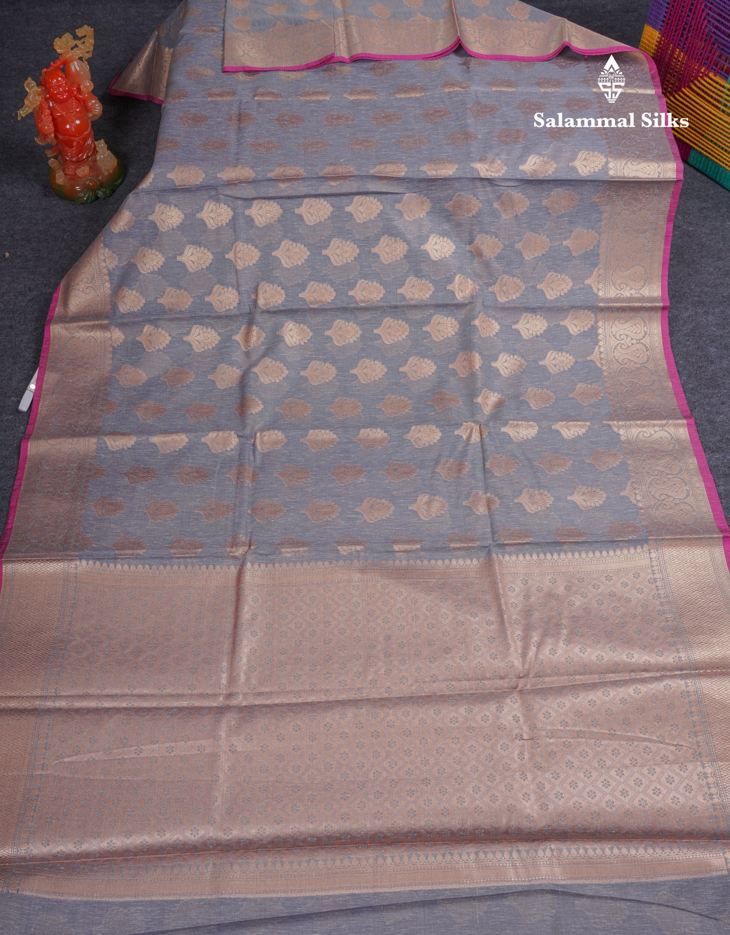 Beautiful Grey Linen Cotton Mix Fancy Saree With Contrast Pink Blouse