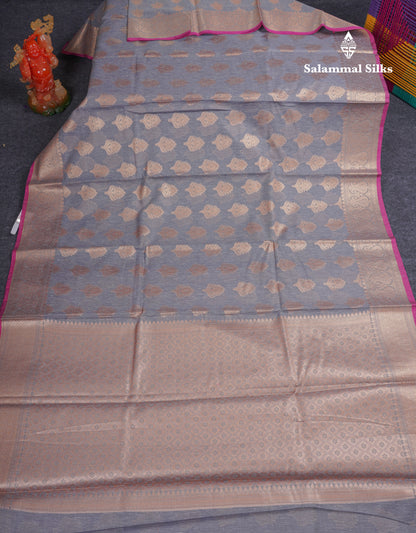 Beautiful Grey Linen Cotton Mix Fancy Saree With Contrast Pink Blouse
