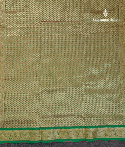 9 Yards Semi Silk Saree Orange With Contrast Green Traditional Temple Border
