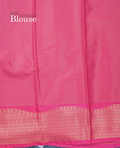 Dark Navy Blue Vaira Oosi Checks Semi Silk Saree With Contrast Pink Turning Border
