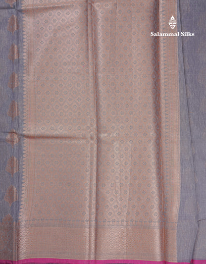 Beautiful Grey Linen Cotton Mix Fancy Saree With Contrast Pink Blouse