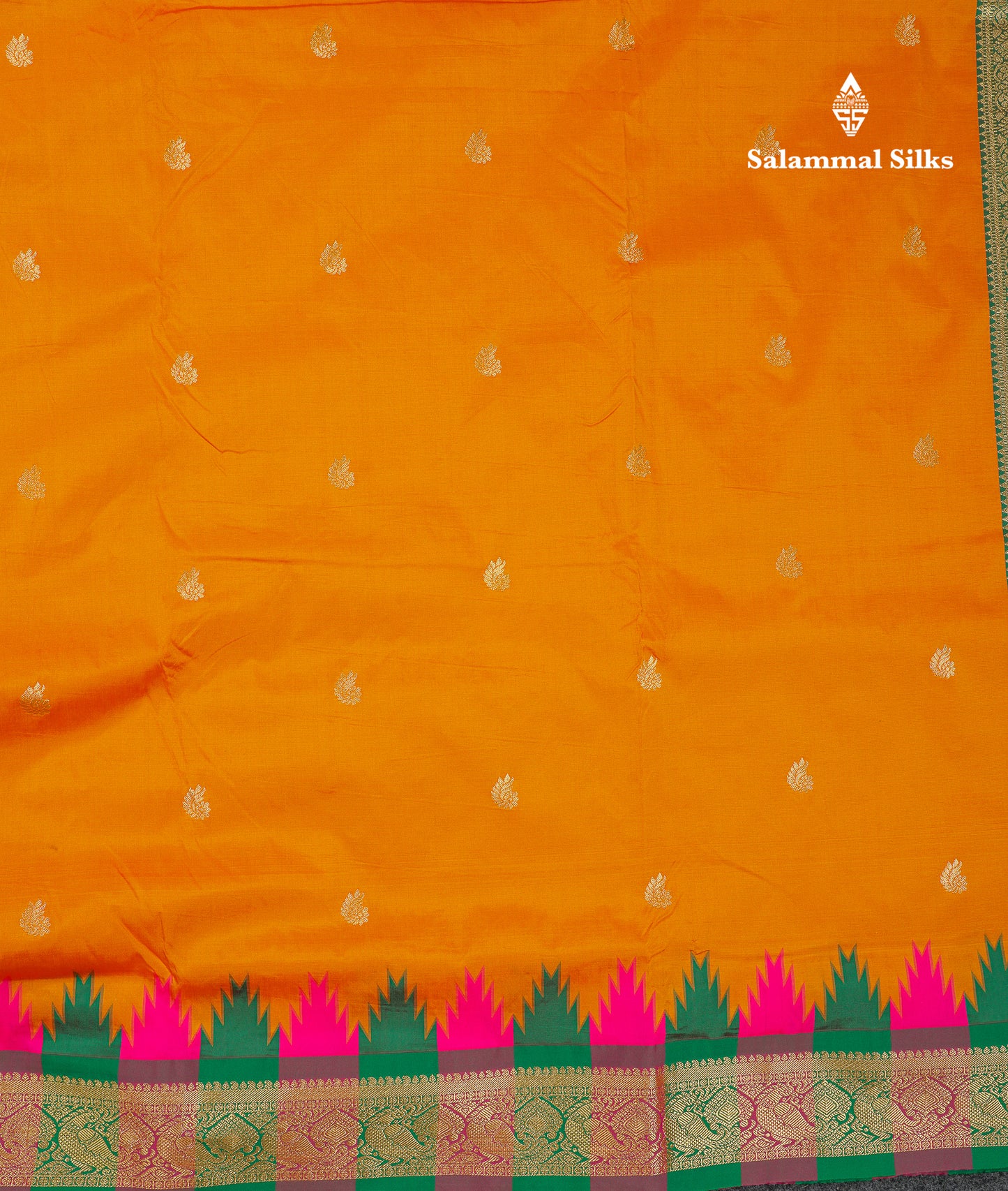 9 Yards Semi Silk Saree Orange With Contrast Green Traditional Temple Border