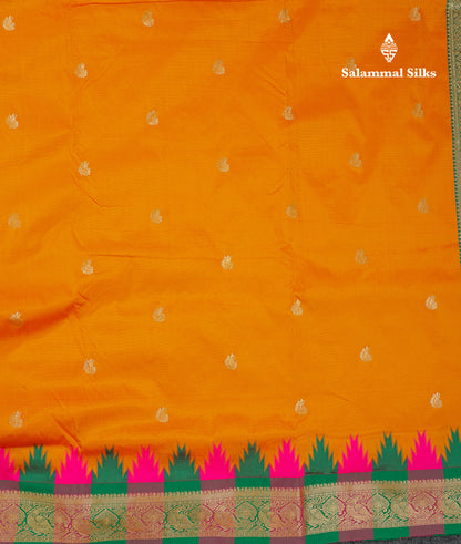 9 Yards Semi Silk Saree Orange With Contrast Green Traditional Temple Border