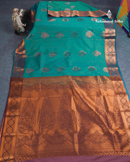 Dual Tone Peacock Green Semi Silk Saree With Contrast Dark Brown Blouse