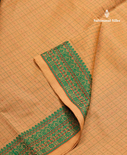 Beautiful Dark Sandal Small Checks Thraed Work Semi Silk Cotton Saree With Contrast Black Blouse