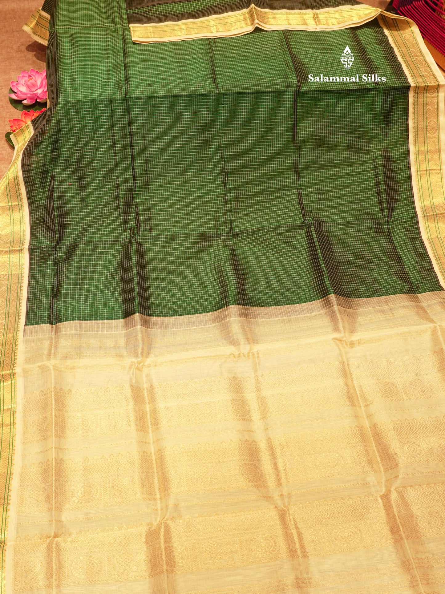 Bottle Green Colour Tiny Checks Pure Silk Cotton Saree With Contrast  Half White Border