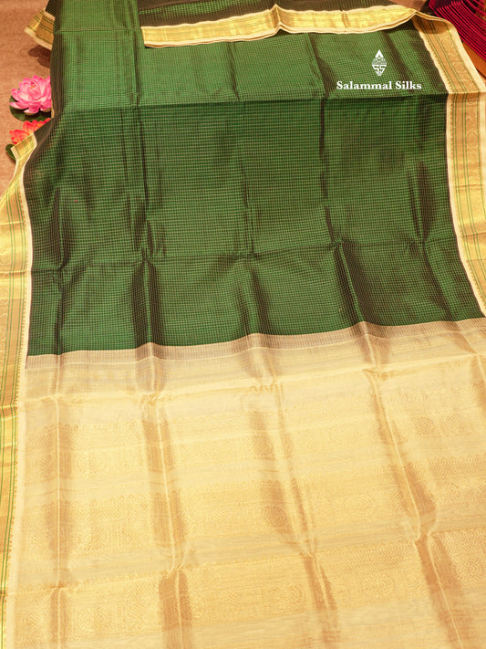 Bottle Green Colour Tiny Checks Pure Silk Cotton Saree With Contrast  Half White Border