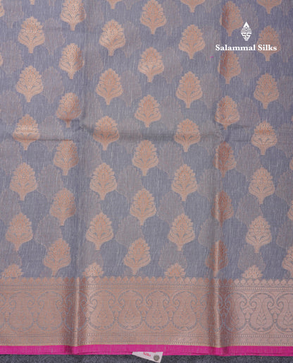 Beautiful Grey Linen Cotton Mix Fancy Saree With Contrast Pink Blouse