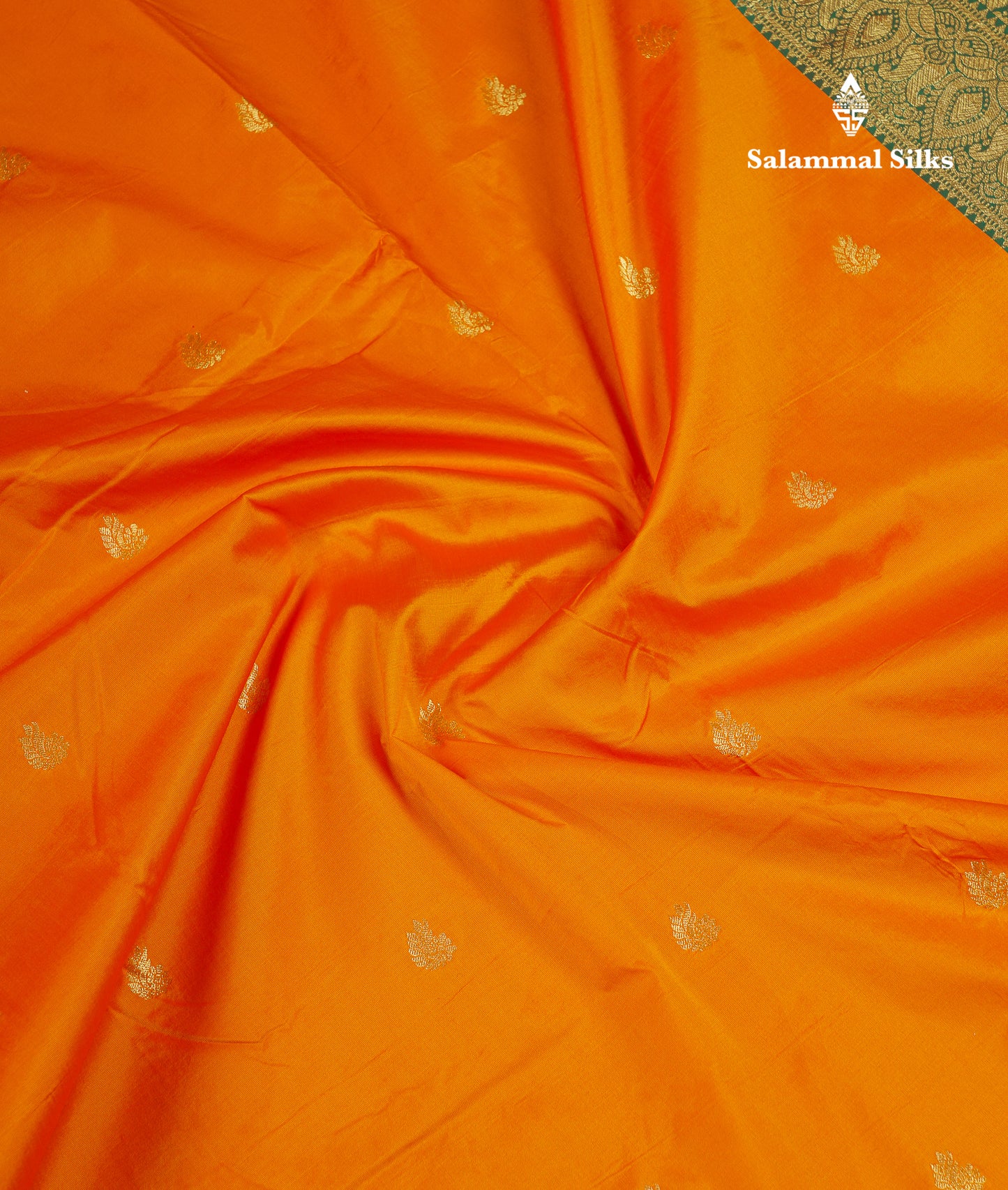 9 Yards Semi Silk Saree Orange With Contrast Green Traditional Temple Border