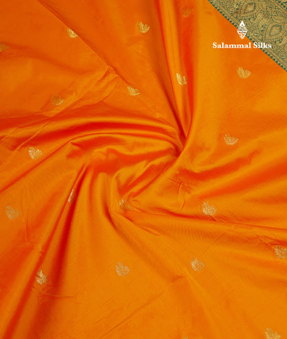 9 Yards Semi Silk Saree Orange With Contrast Green Traditional Temple Border
