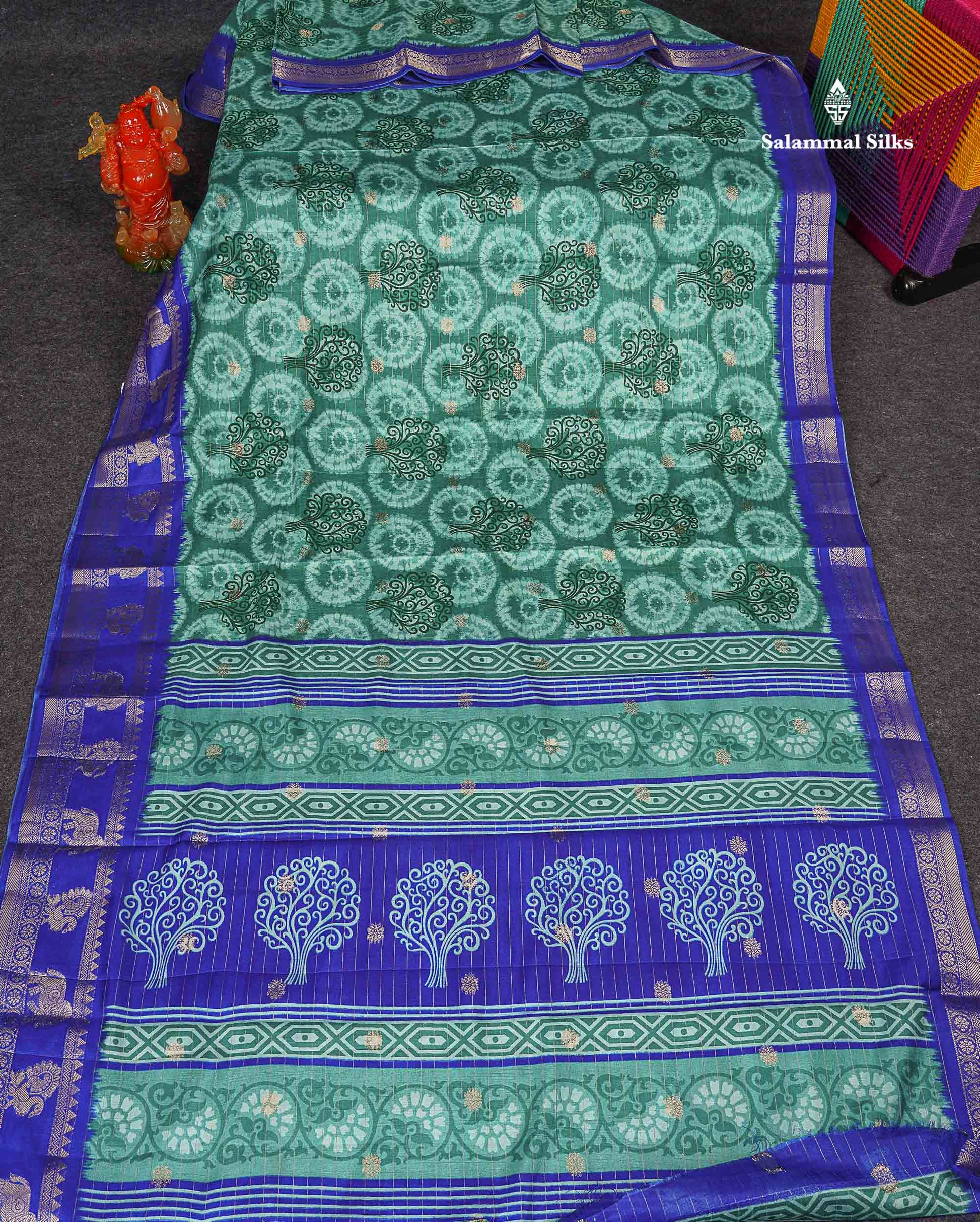 Semi Tussar Fancy Saree - Teal Green Colour Body With Contrast Royal Blue Fancy Border 