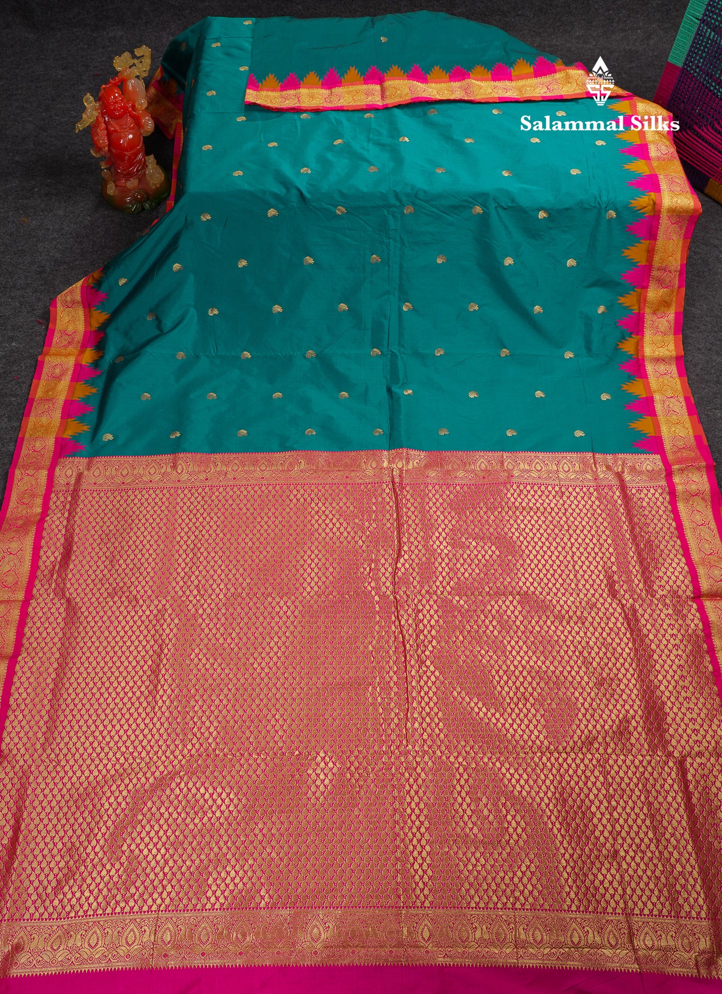 9 Yards Semi Silk Saree Orange With Contrast Green Traditional Temple Border