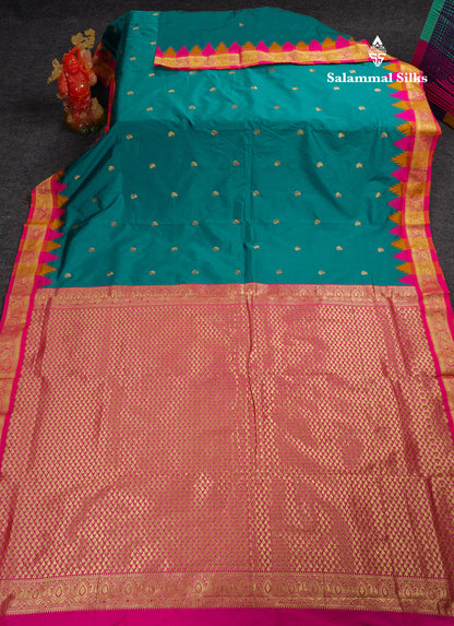 9 Yards Semi Silk Saree Orange With Contrast Green Traditional Temple Border
