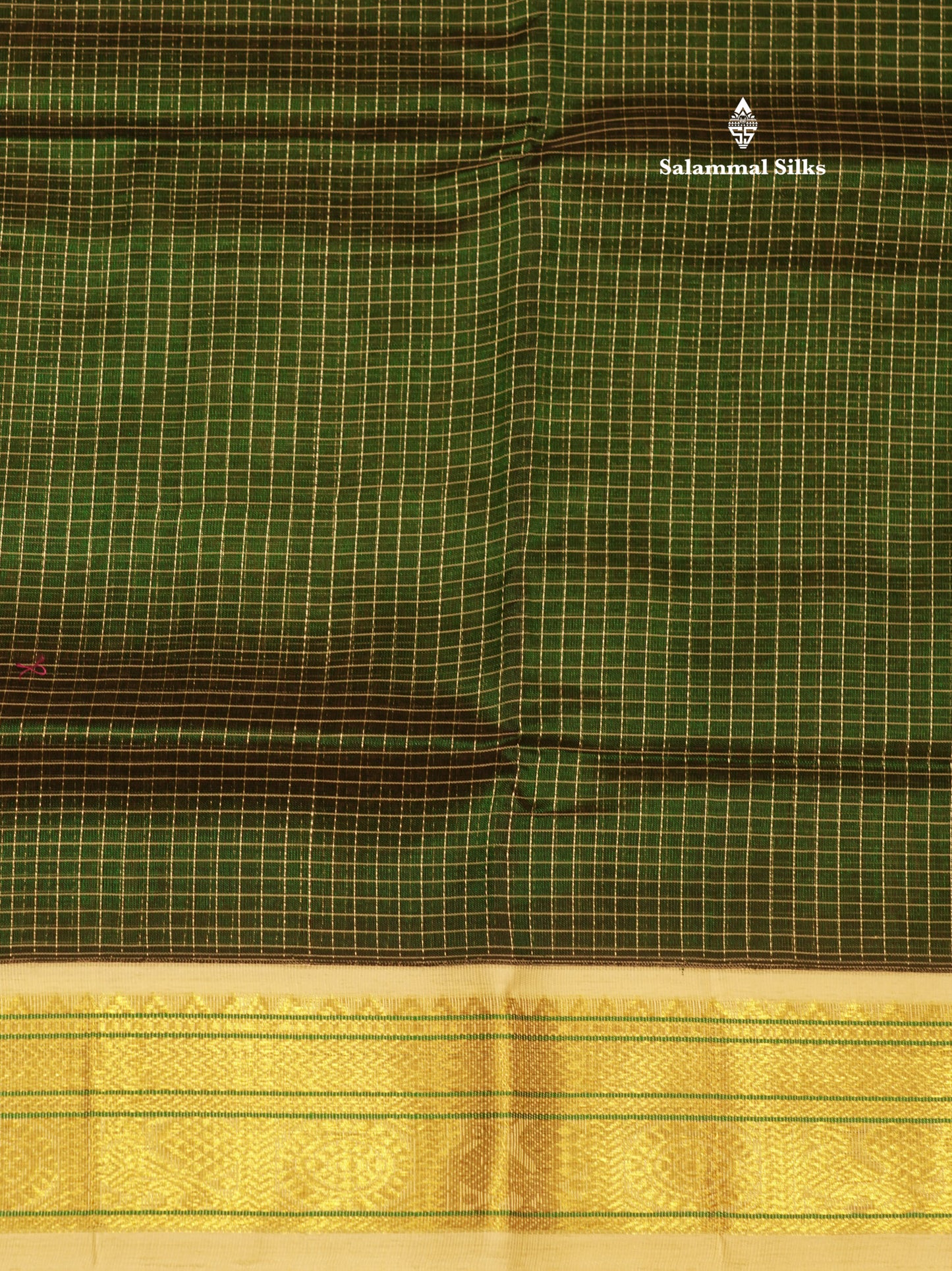 Bottle Green Colour Tiny Checks Pure Silk Cotton Saree With Contrast  Half White Border