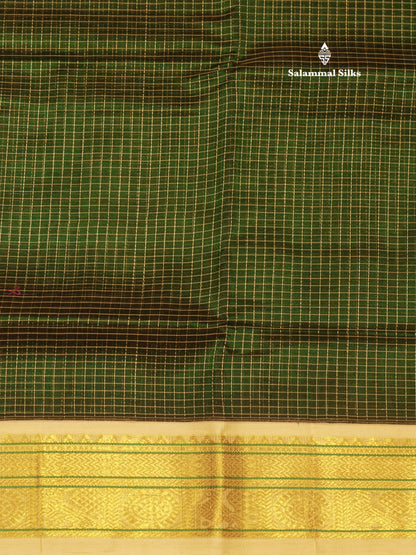 Bottle Green Colour Tiny Checks Pure Silk Cotton Saree With Contrast  Half White Border
