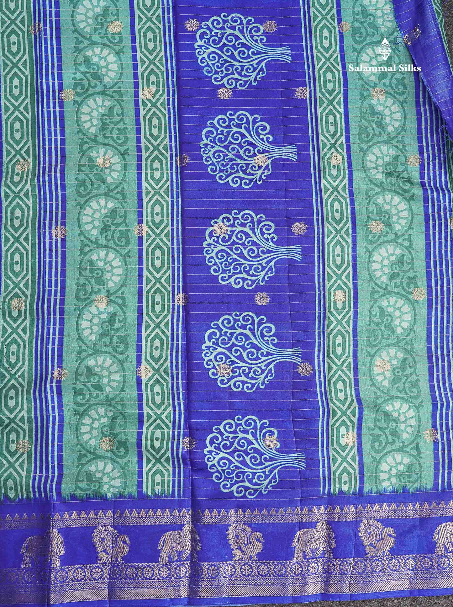 Semi Tussar Fancy Saree - Teal Green Colour Body With Contrast Royal Blue Fancy Border