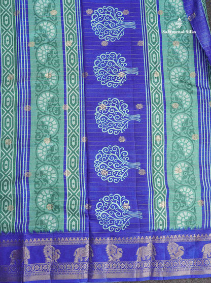 Semi Tussar Fancy Saree - Teal Green Colour Body With Contrast Royal Blue Fancy Border
