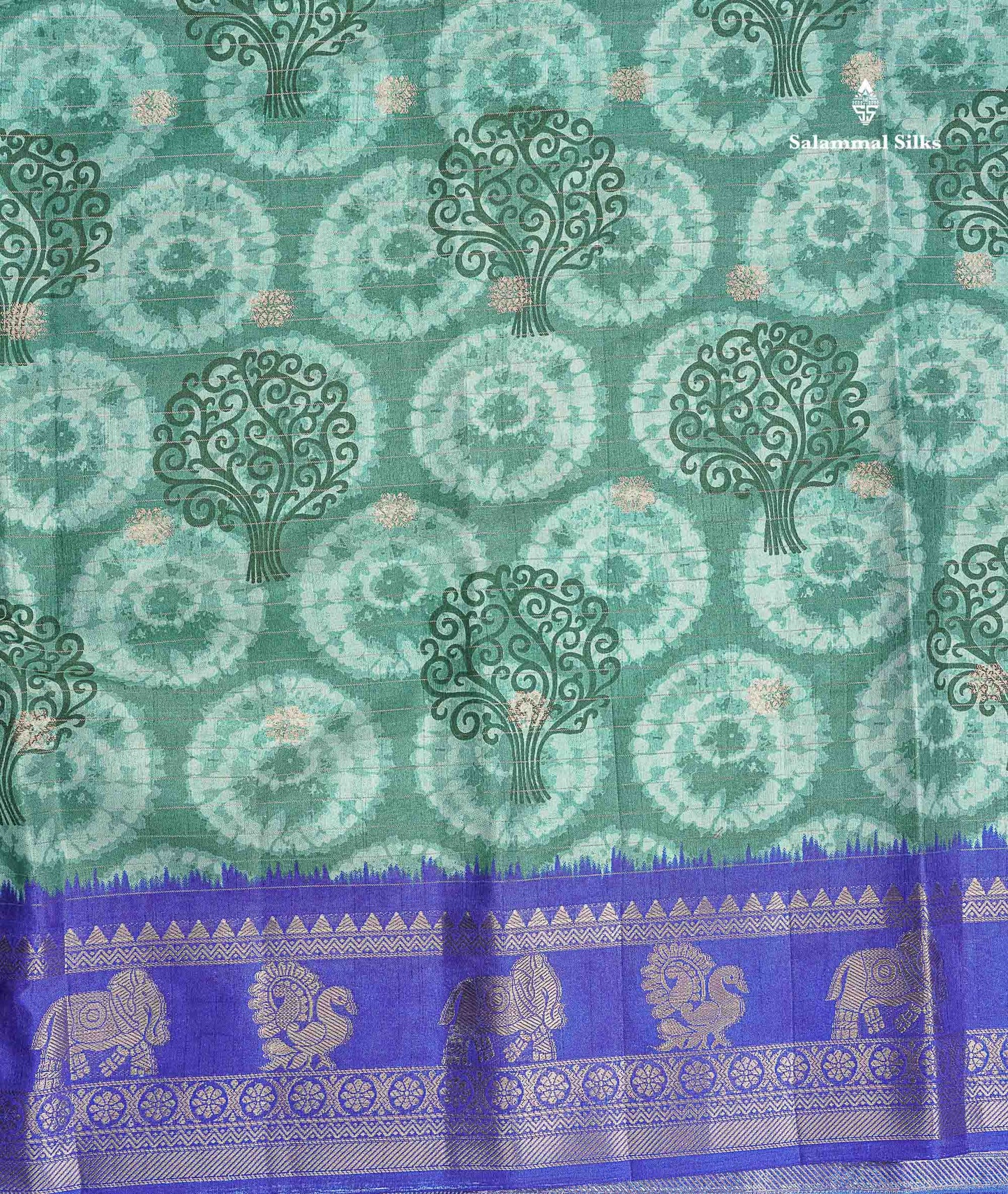 Semi Tussar Fancy Saree - Teal Green Colour Body With Contrast Royal Blue Fancy Border