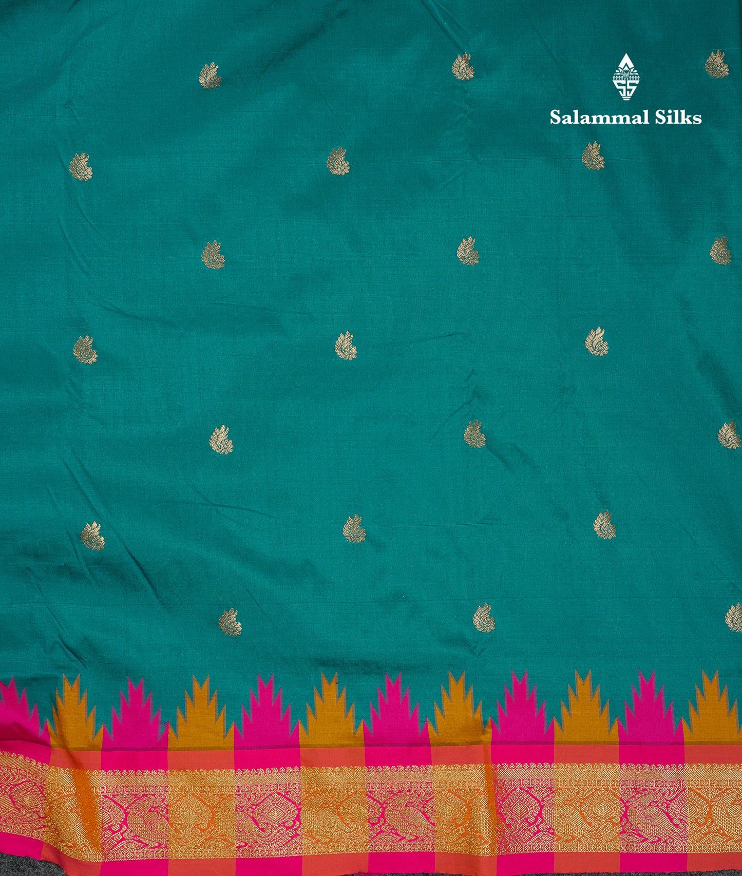 9 Yards Semi Silk Saree Orange With Contrast Green Traditional Temple Border